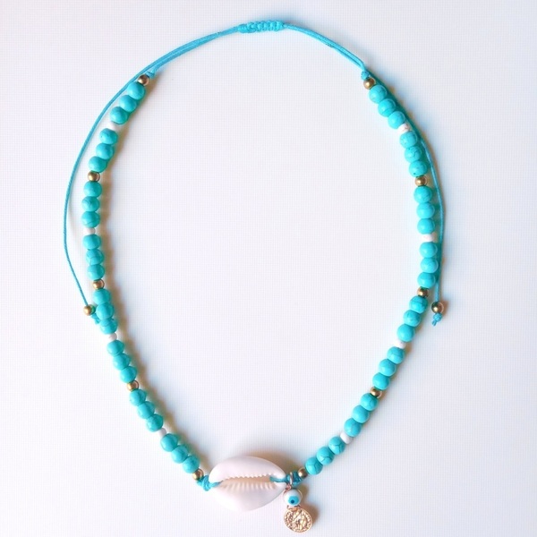 Κολιέ Boho turquoise με Κοχύλι - ημιπολύτιμες πέτρες, κοχύλι, boho, αυξομειούμενα, δώρα για γυναίκες, φθηνά - 3