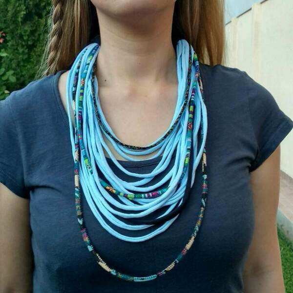Boho Κολιέ scarf necklace/ υφασμάτινα noodles και κορδόνια - ύφασμα, μακριά - 3