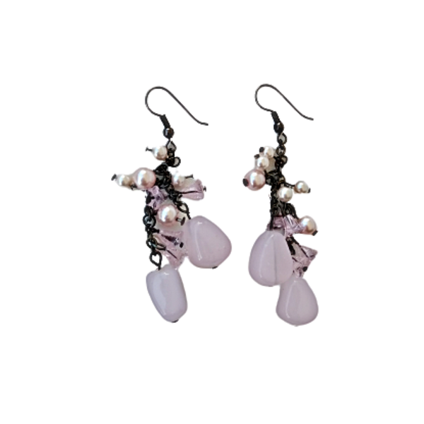 ρομαντικά σκουλαρίκια ροζ παστέλ με πετρούλες - γυαλί, πέτρες, μικρά, κρεμαστά, πέρλες