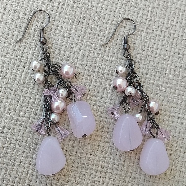 ρομαντικά σκουλαρίκια ροζ παστέλ με πετρούλες - γυαλί, πέτρες, μικρά, κρεμαστά, πέρλες - 2
