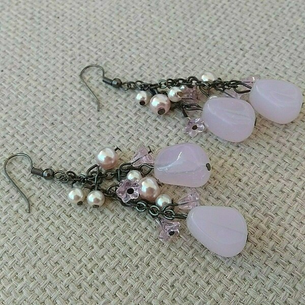 ρομαντικά σκουλαρίκια ροζ παστέλ με πετρούλες - γυαλί, πέτρες, μικρά, κρεμαστά, πέρλες - 3