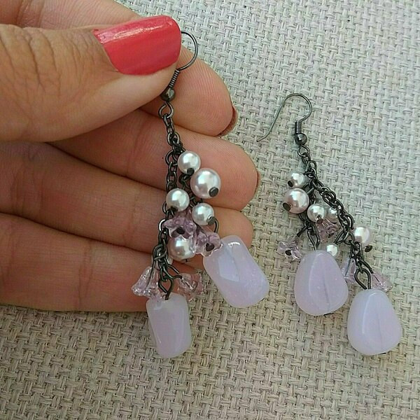 ρομαντικά σκουλαρίκια ροζ παστέλ με πετρούλες - γυαλί, πέτρες, μικρά, κρεμαστά, πέρλες - 4