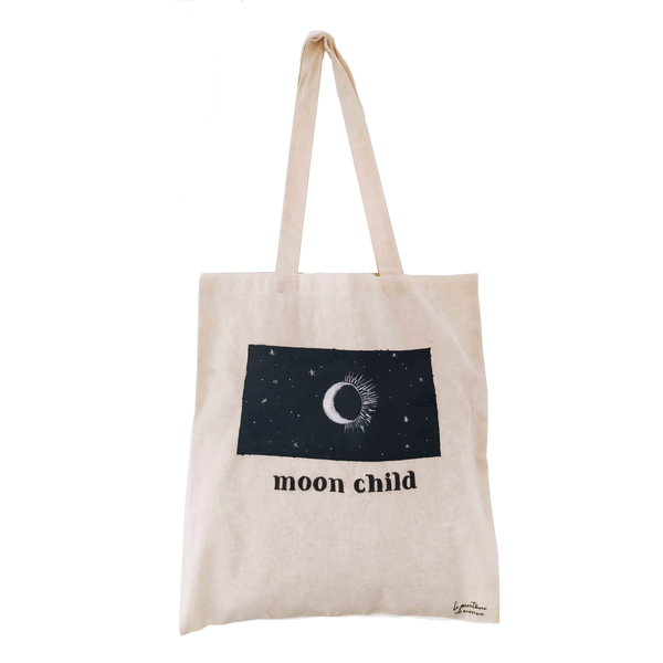 moon child | Πάνινη οικολογική τσάντα - ύφασμα, ώμου, φεγγάρι, μεγάλες, all day, tote, πάνινες τσάντες, φθηνές