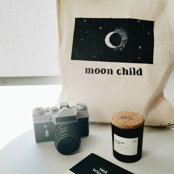 moon child | Πάνινη οικολογική τσάντα - ύφασμα, ώμου, φεγγάρι, μεγάλες, all day, tote, πάνινες τσάντες, φθηνές - 2