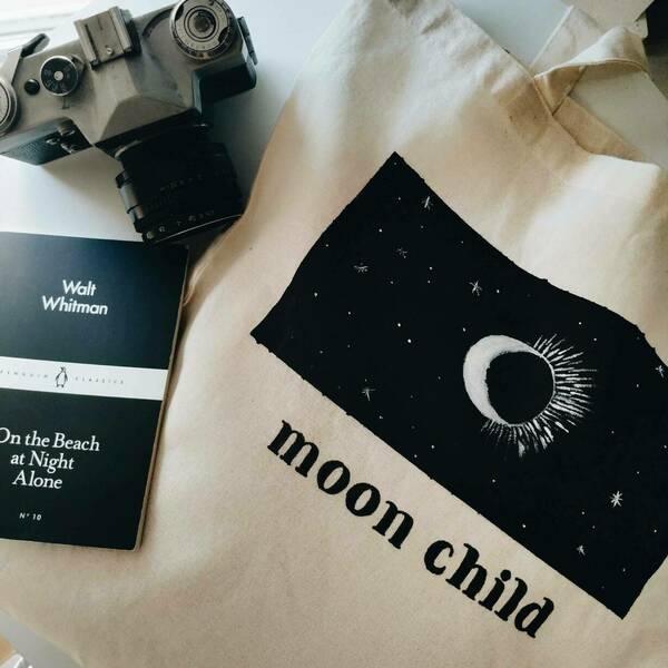 moon child | Πάνινη οικολογική τσάντα - ύφασμα, ώμου, φεγγάρι, μεγάλες, all day, tote, πάνινες τσάντες, φθηνές - 3