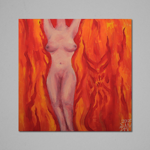 Temptation naked woman demon abstract canvas panel painting acrylic 20x20 - πίνακες & κάδρα, πίνακες ζωγραφικής