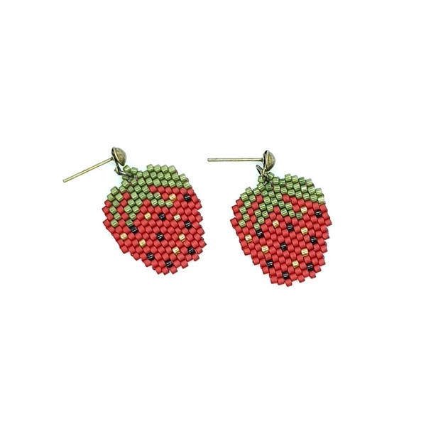 Σκουλαρίκια φράουλες με χάντρες miyuki - χειροποίητα, χάντρες, miyuki delica, μικρά, κρεμαστά, καρφάκι