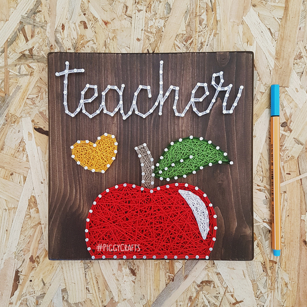 Ξύλινο καδράκι με καρφιά & κλωστές "Teacher" 20x20cm - πίνακες & κάδρα, δώρα για δασκάλες - 5