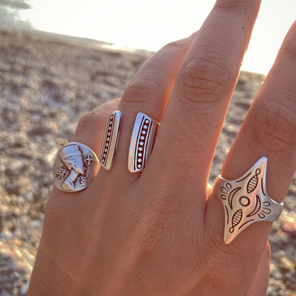 Μεταλλικό μοντέρνο δαχτυλίδι με τυχερά σύμβολα - επάργυρα, boho, ethnic, μπρούντζος, μεγάλα, αυξομειούμενα, φθηνά - 3