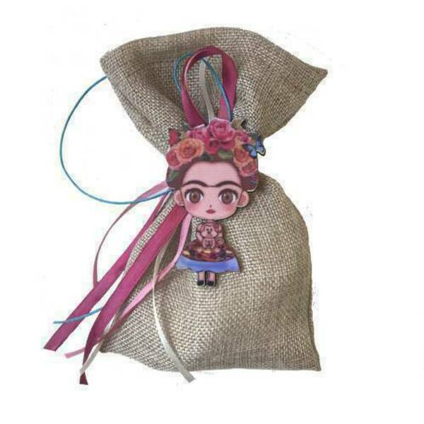 Μπομπονιέρα πουγκί καμβά με ξύλινο μαγνητάκι "Flower girl" (50 τεμάχια) - frida kahlo, βάπτισης, μπομπονιέρα βάφτισης