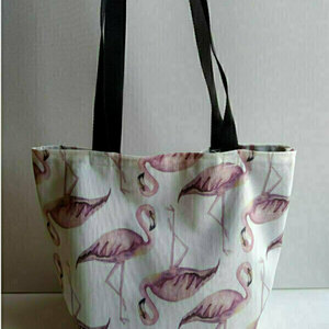 Πάνινη τσάντα "Flamingo print" - ύφασμα, ώμου, μεγάλες, all day, tote, φθηνά, φθηνές