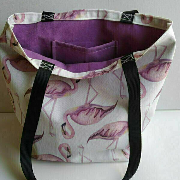 Πάνινη τσάντα "Flamingo print" - ύφασμα, ώμου, μεγάλες, all day, tote, φθηνά, φθηνές - 3