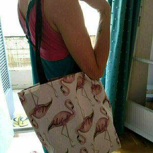 Πάνινη τσάντα "Flamingo print" - ύφασμα, ώμου, μεγάλες, all day, tote, φθηνά, φθηνές - 5