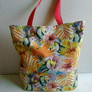 Πάνινη τσάντα "Toucan print" - ύφασμα, ώμου, μεγάλες, all day, tote, φθηνά, φθηνές