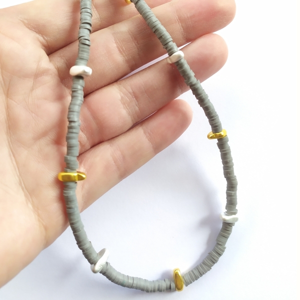 Minimal grey necklace - αιματίτης, πηλός, minimal, κοντά - 3