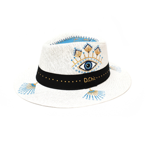 Aruba λευκό χειροποίητο καπέλο Παναμά με μάτι και boho σχέδια - ζωγραφισμένα στο χέρι, ιδιαίτερο, μάτι, ψάθινα
