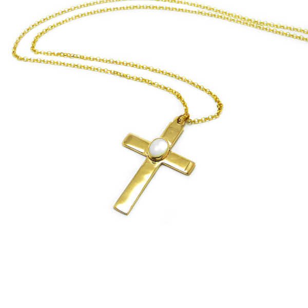 " Cross by Mother of Pearls " - Χειροποίητο επίχρυσο μενταγιόν με φυσικό Φίλντισι. - ημιπολύτιμες πέτρες, charms, φίλντισι, επιχρυσωμένα, σταυρός