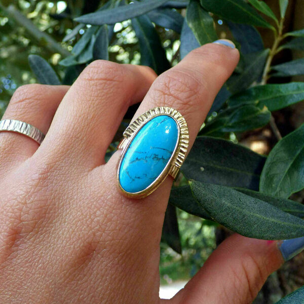 " Blue Howlite " - Χειροποίητο επίχρυσο δαχτυλίδι με Μπλε Χαολίτη! - ημιπολύτιμες πέτρες, επιχρυσωμένα, χαολίτης, boho, boho, μεγάλα, αυξομειούμενα, φθηνά - 4