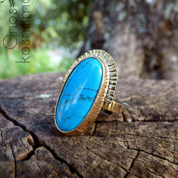 " Blue Howlite " - Χειροποίητο επίχρυσο δαχτυλίδι με Μπλε Χαολίτη! - ημιπολύτιμες πέτρες, επιχρυσωμένα, χαολίτης, boho, boho, μεγάλα, αυξομειούμενα, φθηνά - 5