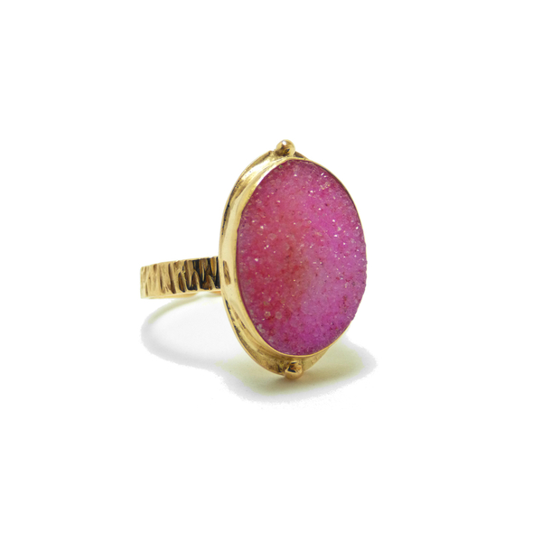 " Druzy Pink Ring" - Χειροποίητο επίχρυσο δαχτυλίδι με Druzy Αχάτη! - ημιπολύτιμες πέτρες, αχάτης, επιχρυσωμένα, μικρά, boho, boho, αυξομειούμενα, φθηνά