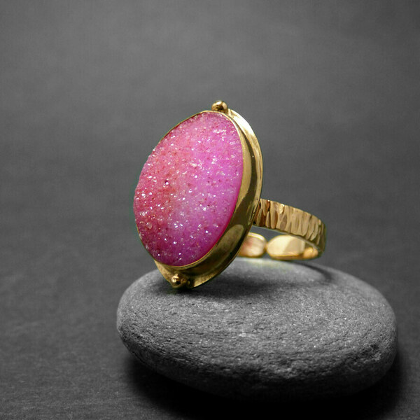 " Druzy Pink Ring" - Χειροποίητο επίχρυσο δαχτυλίδι με Druzy Αχάτη! - ημιπολύτιμες πέτρες, αχάτης, επιχρυσωμένα, μικρά, boho, boho, αυξομειούμενα, φθηνά - 2