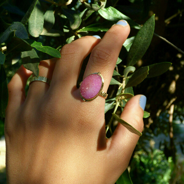 " Druzy Pink Ring" - Χειροποίητο επίχρυσο δαχτυλίδι με Druzy Αχάτη! - ημιπολύτιμες πέτρες, αχάτης, επιχρυσωμένα, μικρά, boho, boho, αυξομειούμενα, φθηνά - 4
