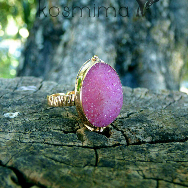" Druzy Pink Ring" - Χειροποίητο επίχρυσο δαχτυλίδι με Druzy Αχάτη! - ημιπολύτιμες πέτρες, αχάτης, επιχρυσωμένα, μικρά, boho, boho, αυξομειούμενα, φθηνά - 5