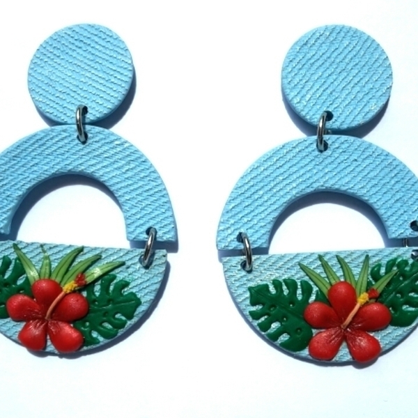 Hibiscus Earrings, Polymer Clay Earrings, 3D Handmade Earrings - πηλός, λουλούδι, ατσάλι, κρεμαστά - 2
