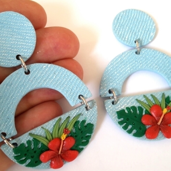 Hibiscus Earrings, Polymer Clay Earrings, 3D Handmade Earrings - πηλός, λουλούδι, ατσάλι, κρεμαστά - 3