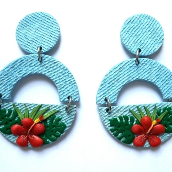Hibiscus Earrings, Polymer Clay Earrings, 3D Handmade Earrings - πηλός, λουλούδι, ατσάλι, κρεμαστά - 4