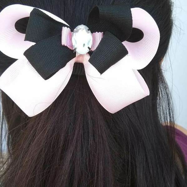 Φιογκος ροζ μαύρος με πέτρα - λαστιχάκια μαλλιών - 4