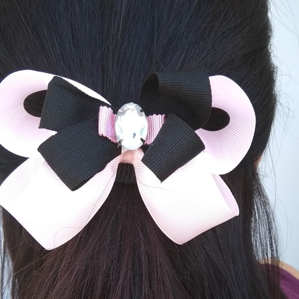 Φιογκος ροζ μαύρος με πέτρα - λαστιχάκια μαλλιών - 5