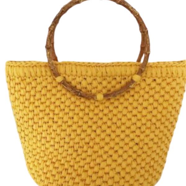 Καλοκαιρινή πλεκτη τσάντα κίτρινη χειρός με μπαμπου χερούλια - μεγάλες, all day, χειρός, tote, πλεκτές τσάντες