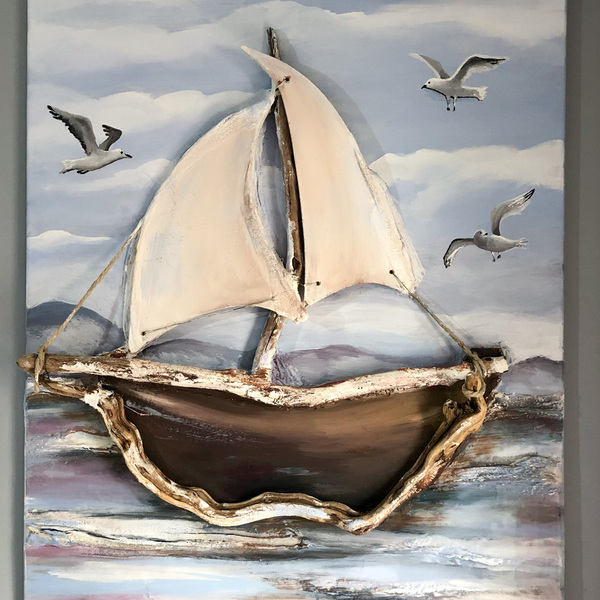 Πίνακας ζωγραφικής σε καμβά με καράβι από θαλασσόξυλα και υγρό γυαλί - Διαστάσεις: 90*65 εκ. - πίνακες & κάδρα, καμβάς, θάλασσα, πίνακες ζωγραφικής - 2