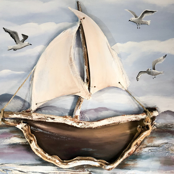 Πίνακας ζωγραφικής σε καμβά με καράβι από θαλασσόξυλα και υγρό γυαλί - Διαστάσεις: 90*65 εκ. - πίνακες & κάδρα, καμβάς, θάλασσα, πίνακες ζωγραφικής