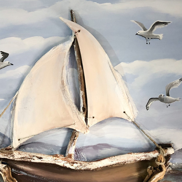 Πίνακας ζωγραφικής σε καμβά με καράβι από θαλασσόξυλα και υγρό γυαλί - Διαστάσεις: 90*65 εκ. - πίνακες & κάδρα, καμβάς, θάλασσα, πίνακες ζωγραφικής - 3