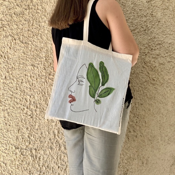 Πάνινη τσάντα Ζωγραφισμένη στο χέρι ♥ Green Lady - ύφασμα, ώμου, μεγάλες, all day, οικολογικό, tote, πάνινες τσάντες, φθηνές - 3