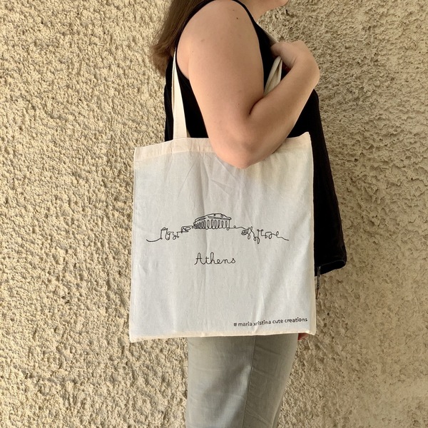 Πάνινη τσάντα Ζωγραφισμένη στο χέρι ♥ Athens Skyline - ύφασμα, ώμου, μεγάλες, all day, οικολογικό, tote, πάνινες τσάντες, φθηνές - 2