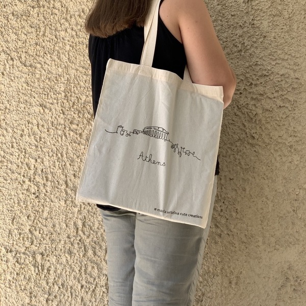 Πάνινη τσάντα Ζωγραφισμένη στο χέρι ♥ Athens Skyline - ύφασμα, ώμου, μεγάλες, all day, οικολογικό, tote, πάνινες τσάντες, φθηνές - 3