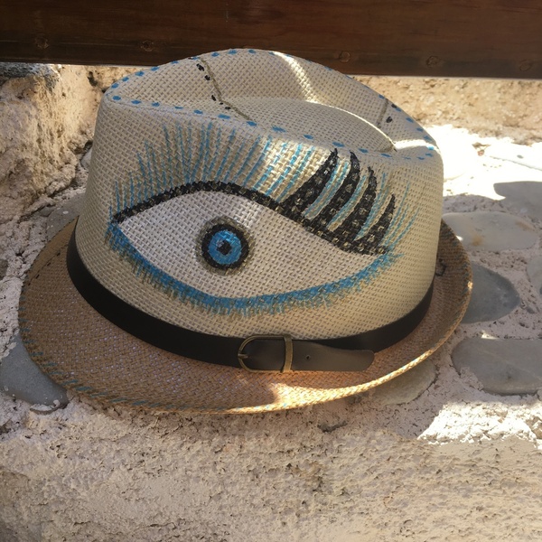 Naughty- ψάθινο καπέλο - ζωγραφισμένα στο χέρι, παραλία, boho, καπέλα, ψάθινα - 3