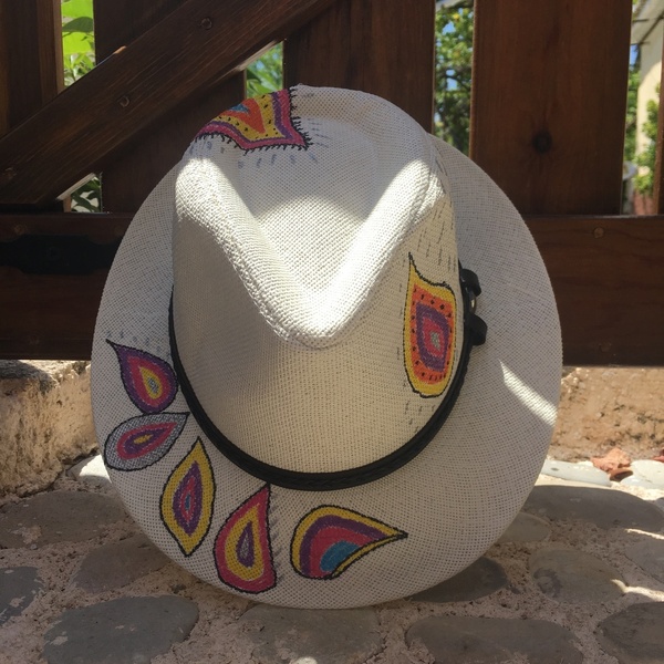 Colorful- ψάθινο καπέλο με ζωγραφιστά λαχούρια - ζωγραφισμένα στο χέρι, χειροποίητα, boho, καπέλα, ψάθινα - 3