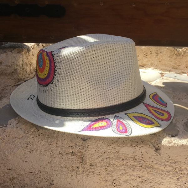 Colorful- ψάθινο καπέλο με ζωγραφιστά λαχούρια - ζωγραφισμένα στο χέρι, χειροποίητα, boho, καπέλα, ψάθινα - 4
