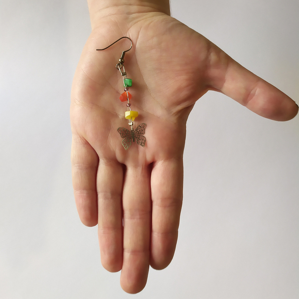 Σκουλαρίκια πεταλουδίτσες πολύχρωμα με τσιπς ημιπολύτιμων λίθων - ημιπολύτιμες πέτρες, χειροποίητα, κρεμαστά, πρωτότυπα δώρα - 2