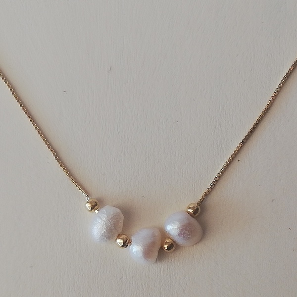 "Triple Pearl" Necklace - charms, επιχρυσωμένα, ασήμι 925, κοντά, πέρλες - 2