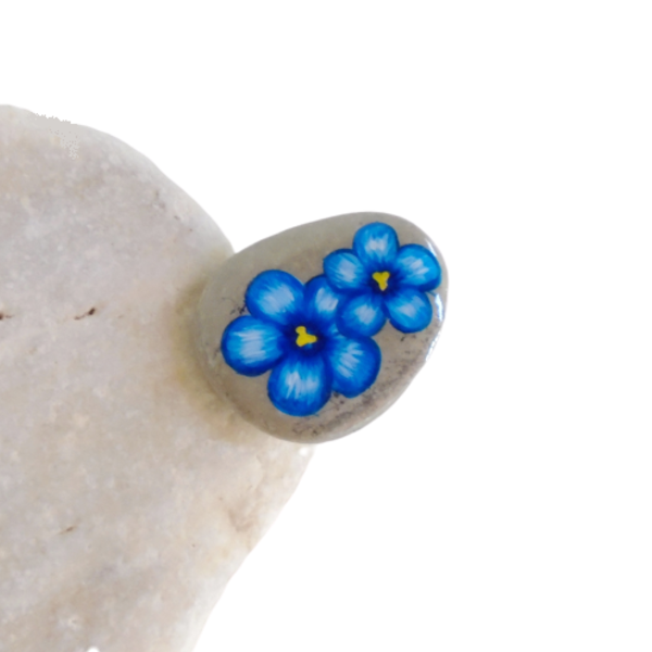 Εντυπωσιακό δαχτυλίδι, ζωγραφισμένη πέτρα με λουλούδια σε μπλε αποχρώσεις. - ζωγραφισμένα στο χέρι, λουλούδι, μεγάλα, αυξομειούμενα - 2