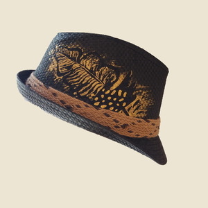 Custom / Handpainted καπέλο Golden Feather - γυναικεία, δώρο, καπέλο, ψάθινα