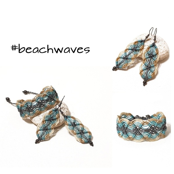 Σετ βραχιόλι και σκουλαρίκια "Beach Waves" χειροποίητα μακραμέ σε συνδυασμό τριών χρωμάτων - statement, μακραμέ, must αξεσουάρ, αυξομειούμενα - 5