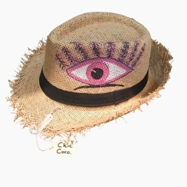 Pinky- ψάθινο καπέλο - ζωγραφισμένα στο χέρι, ψάθα, χειροποίητα, boho, ψάθινα