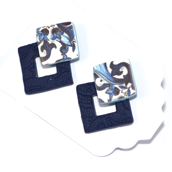 Καρφωτά μπλε σκουλαρίκια σε μοντέρνο κόψιμο - μοντέρνο, πηλός, καρφωτά