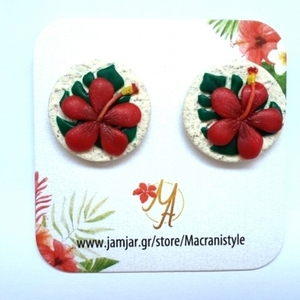 Hibiscus Earrings, Polymer Clay Earrings, 3D Handmade Studs - πηλός, καρφωτά, ατσάλι - 4